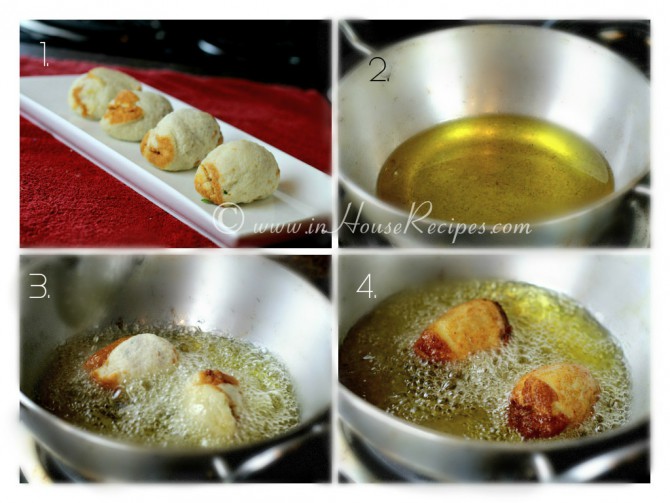 Deep frying aloo bread rolls