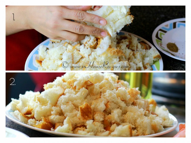 Tear bread pieces into small pieces for poha