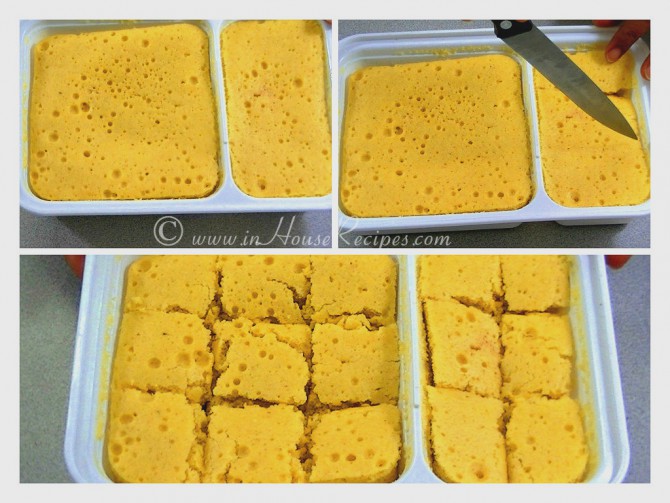 Slicing Dhokla into square pieces Slicing Dhokla into square pieces