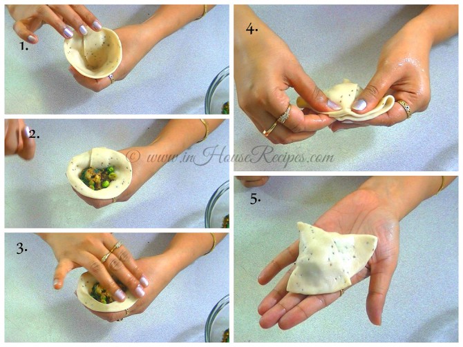 Filling aloo mixture in samosa cone