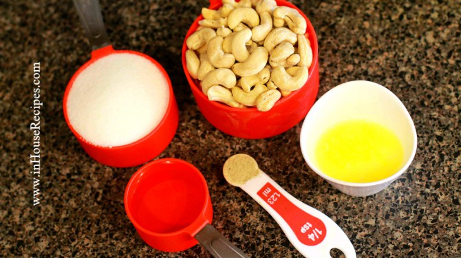 Ingredients for Kaju Katli include Cashew nuts and Sugar